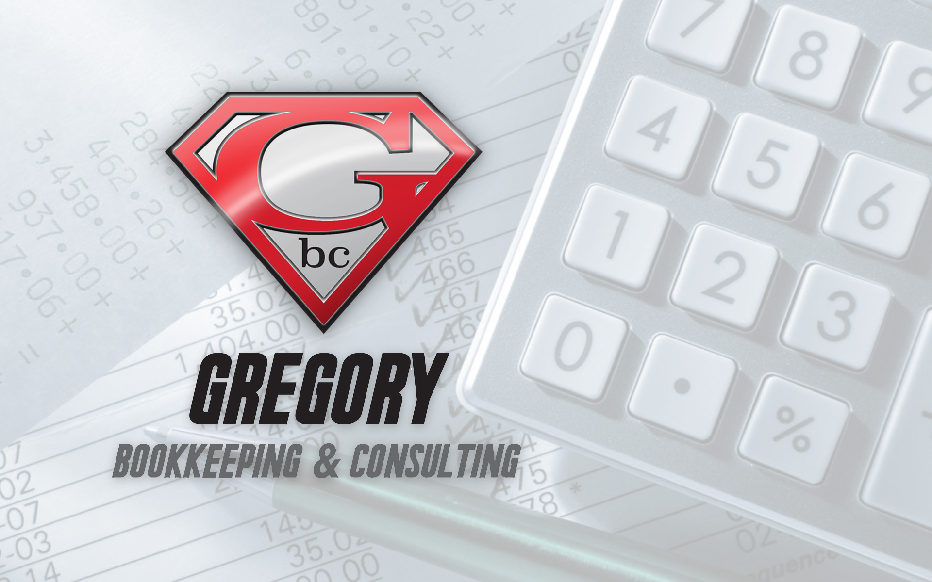 Graphic of Gregory Bookkeeping & Consulting logo and a calculator